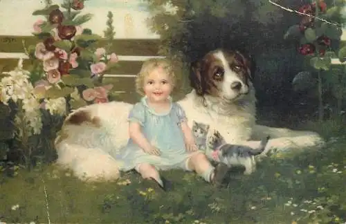 cpa fantaisie embossed child and dog