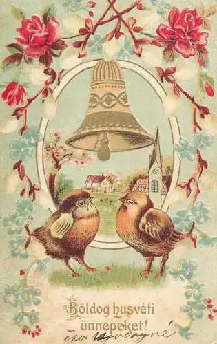 cpa fantaisie embossed Easter scene bell and chicken