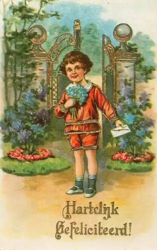 cpa fantaisie embossed boy and flower bouquet Harteljk