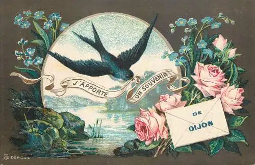 cpa fantaisie embossed j'apporte un souvenir de Dijon bird