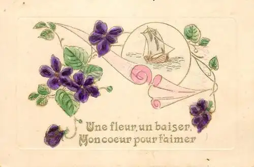 cpa fantaisie embossed une fleur un baiser moncoeur pour faimer