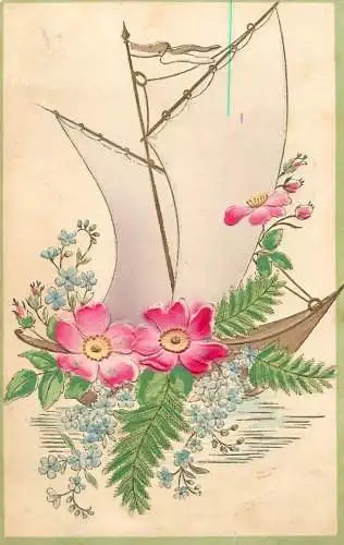 cpa fantaisie embossed flower boat and sail