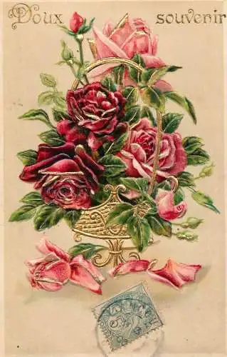 cpa fantaisie embossed Doux souvenir flower basket