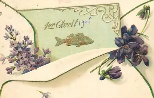 cpa fantaisie gauffré / embossed novelty 1st of avril 1906 fish