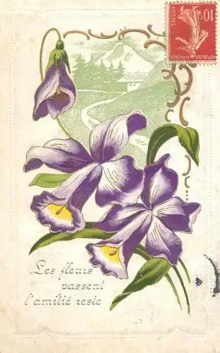 cpa fantaisie gauffré / embossed novelty les fleurs passent l'amitie reste