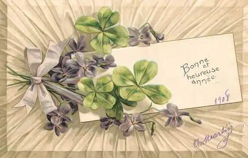 cpa fantaisie gauffré / embossed novelty bonne et heureuse annee 1908 shamrock