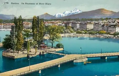 Switzerland Geneve Ile Rousseau et mont Blanc