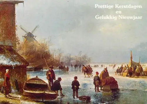 Painting postcard Netherlands prettige Kerstdagen en Gelukkig Nieuwjaar windmill