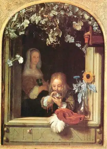 Painting postcard renaissance mother and child at window