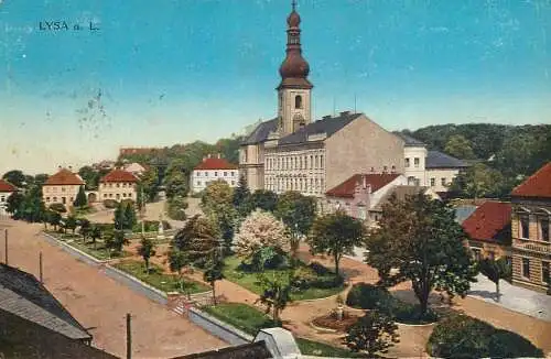 Postcard Czech Republic Lysa church clocktower