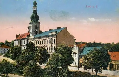 Postcard Czech Republic Lysa church clocktower
