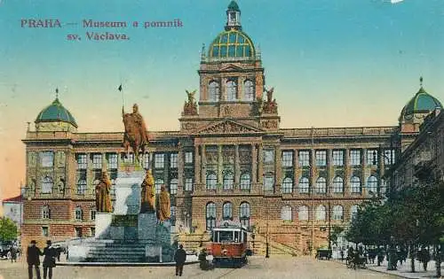 Postcard Czech Republic Prague museum a pomnik sv. Vaclava