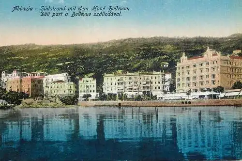 Postcard Croatia Abbazia sudstrand mit dem Hotel Bellevue