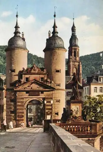 Postcard Germany Heidelberg Bruckentor mit Karl Theodor Denkmal