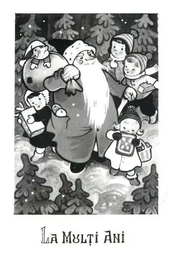 Christmas greetings Santa Claus and children black and white illustration