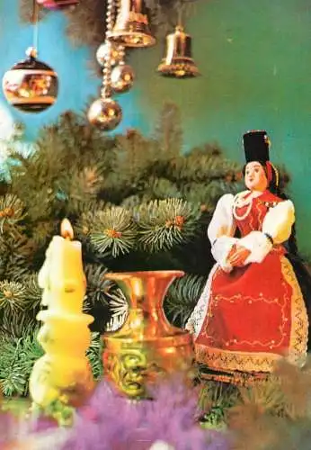 Christmas postcard miniature decorative doll with traditional costumes, globes ornaments & lit burning candle