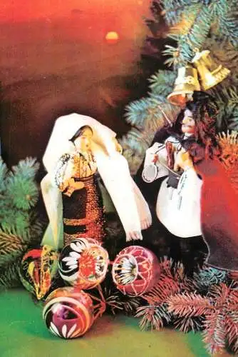 Christmas postcard miniature decorative dolls with traditional costumes & globes ornaments
