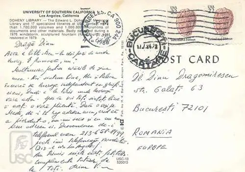 Postcard USA CA California Los Angeles university of Southern California 1986