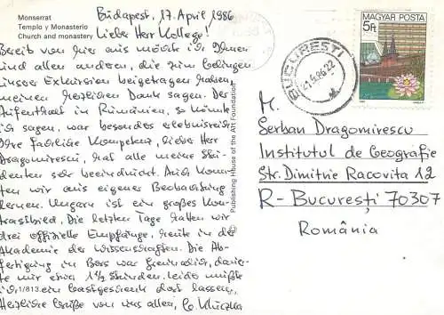 Postcard Spain > Cataluña > Barcelona Monserrat 1986