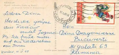 Postcard Poland Wroclaw pomnik Aleksandra Fredry na Rynku 1969