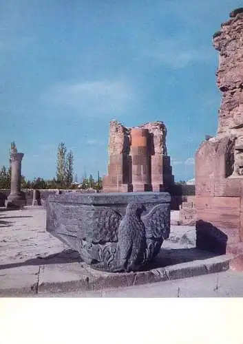 Postcard Armenia citadel ruins and eagle sculpture