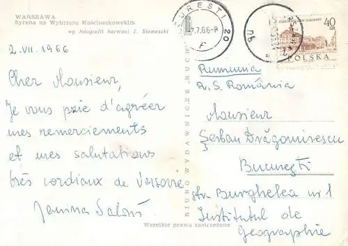 Postcard Poland Warszawa 1966 statue