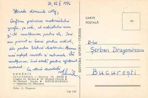 Postcard Romania Cluj Napoca Biserica Sf Mihail 1976