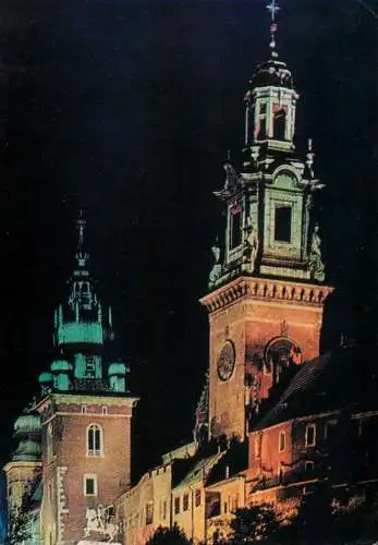 Postcard Poland Krakow cathedral night scene
