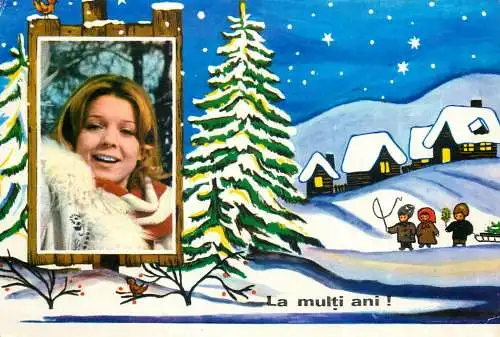 Romania Anul Nou peisaj de iarna carte postala suvenir cu actrita Mihaela Mihai