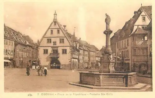 France postcard 1933 Obernai place de la Republique Fontaine Ste Odile