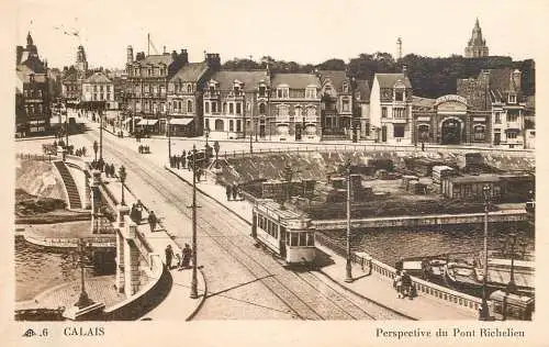 France postcard Calais perspective du Pont Richelieu tram coal barge 1949