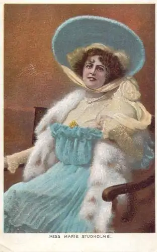 English actress and singer of the Victorian and Edwardian eras Miss Marie Studholme pearls coiffure dress smile hat