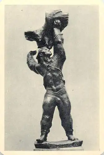 Hungarian fine art general knowledge trade card 8 x 11 cm statue strong man lifting a boulder