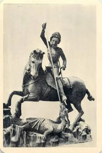 Hungarian fine art general knowledge trade card 8 x 11 cm statue woman on horseback slaying a dragon