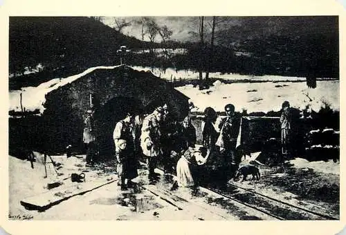 Hungarian fine art general knowledge trade card 8 x 11 cm painting burial scene in winter night time