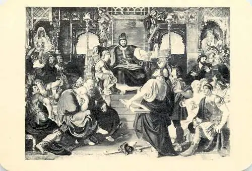 Hungarian fine art general knowledge trade card 8 x 11 cm painting medieval palace and king scene