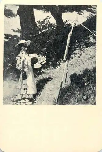 Hungarian fine art general knowledge trade card 8 x 11 cm woman painting in natuure with hat Bastien Lepage
