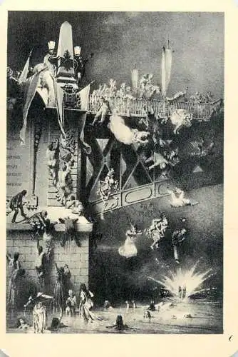 Hungarian fine art general knowledge trade card 8 x 11 cm painting people falling of bridge and flags