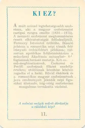Hungarian fine art general knowledge trade card 8 x 11 cm statue of man dancing with hat and moustache