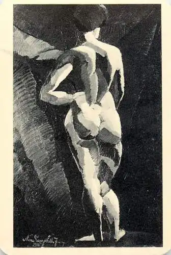 Hungarian fine art general knowledge trade card 8 x 11 cm painting Kassak Lajos Nyolcak  woman from behind