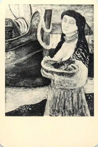 Hungarian fine art general knowledge trade card 8 x 11 cm painting woman and basket Csendelet Ady maszkkal