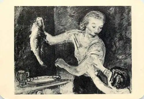 Hungarian fine art general knowledge trade card 8 x 11 cm painting Nyolcak Bernath Aurel woman cooking fish