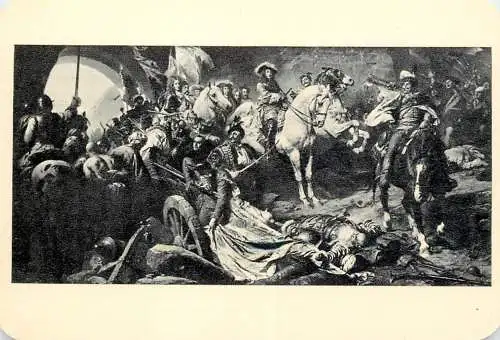 Hungarian fine art general knowledge trade card 8 x 11 cm painting renaissance war cannon feathers soldiers Etelka