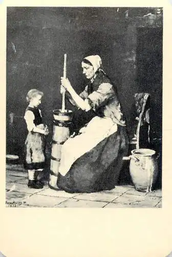 Hungarian fine art general knowledge trade card 8 x 11 cm painting mother churning butter