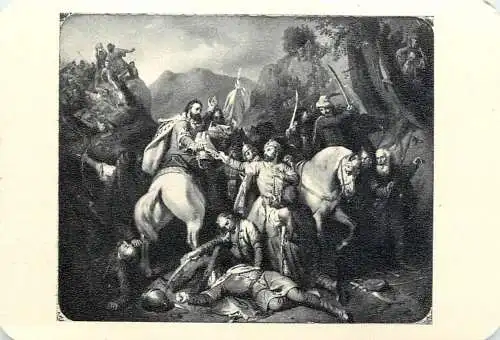 Hungarian fine art general knowledge trade card 8 x 11 cmmountain medieval battle scene Budavar Varakozas