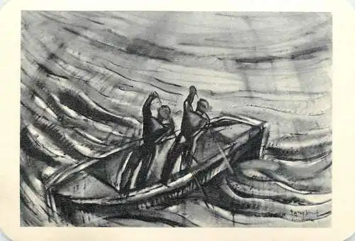 Hungarian fine art general knowledge trade card 8 x 11 cm 1951 Badacsony a Balaton rowboat etch