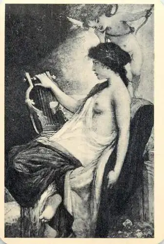 Hungarian fine art general knowledge trade card 8 x 11 cm angel muse harp play etch