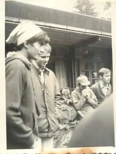 Romania souvenir photo 6 x 9 cm young men preparing for hike