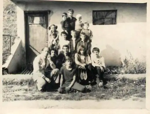 Romania sport topic souvenir photo 6 x 9 cm teacher and children in school yard