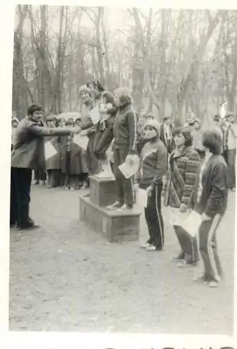 Romania 1980 sport event cross photo 6 x 9 cm winners and diplomas crowd podium